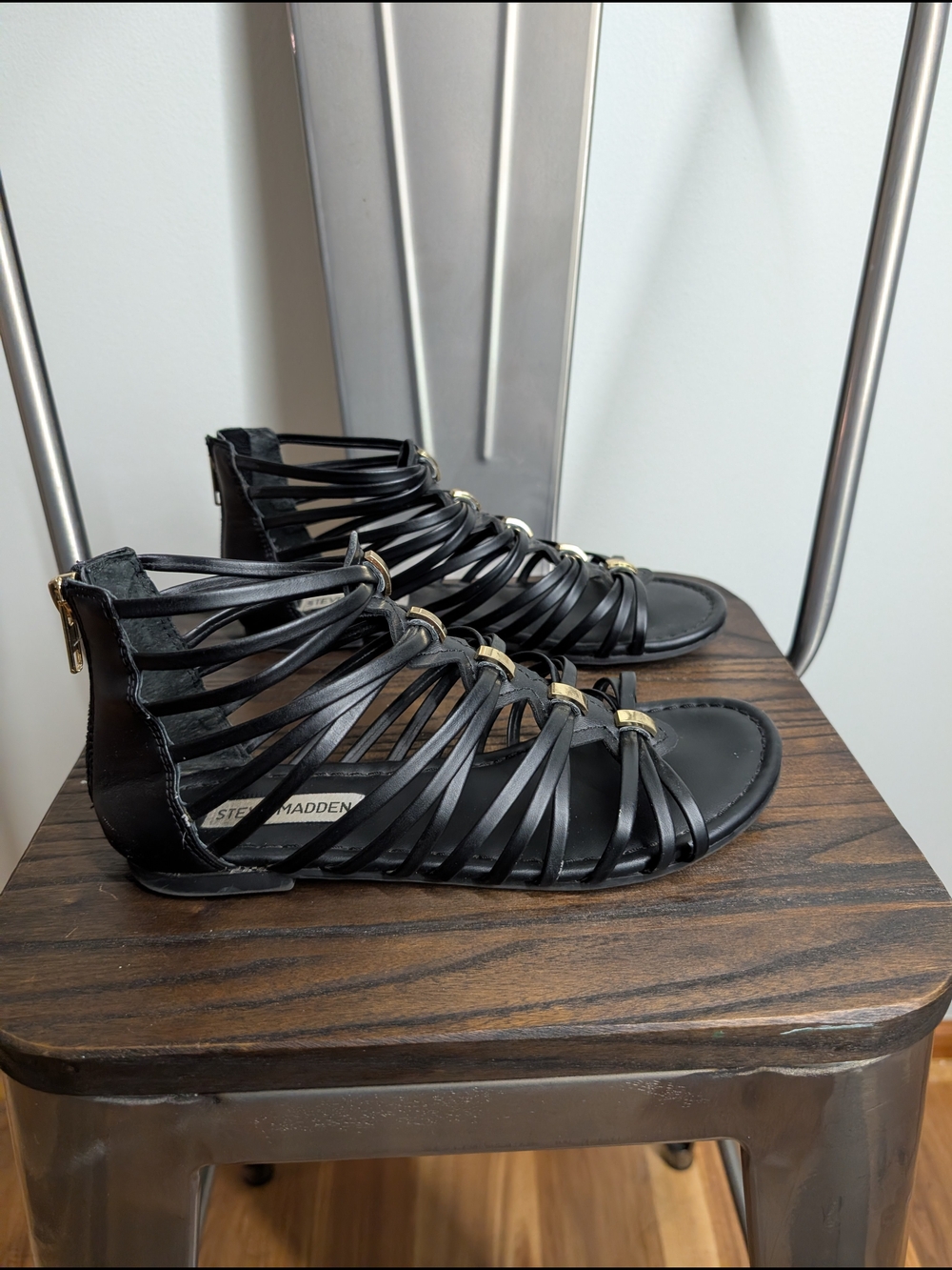 Steve Madden Black Multi-Strap Gladiator Sandals with Gold Accents